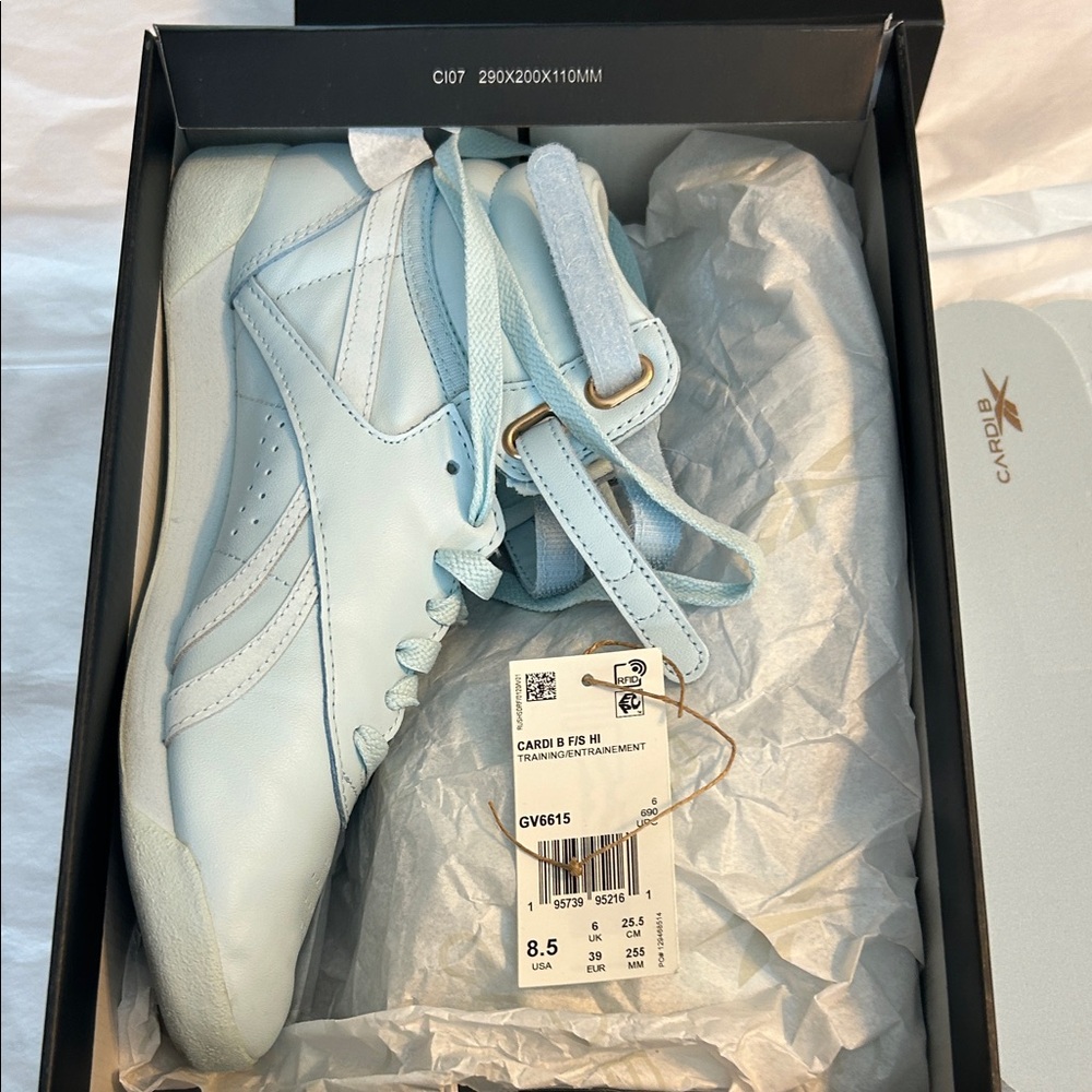 NIB! Retro Reebok with the straps!Women's Sky Blue High-Tops. Cardi B! Size 8.5